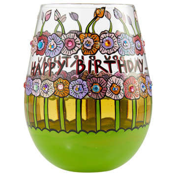 "Birthday Flowers" Stemless Wine Glass by Lolita