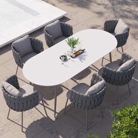 7 Pieces Outdoor Dining Set With Oval Faux Marble Top Table and Rope Armchair