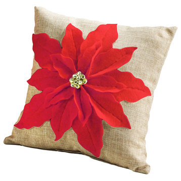 White Poinsettia Felt Holiday Design Decorative Throw Pillow, Red