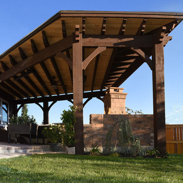 Timber Pavilion w/ Fireplace, Waterfall Fountains & BBQ Bar