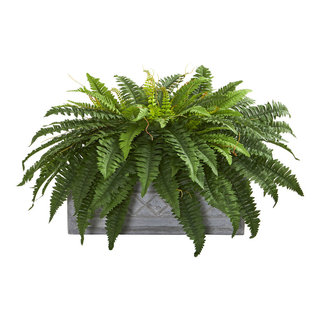 Nearly Natural 23 in. Artificial Green Boston Fern Plant with Tapered Bronze Square Metal Planter DIY Kit