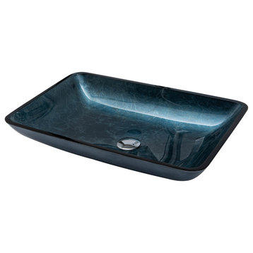 Vinnova Glass Rectangular Vessel Bathroom Sink Without Faucet, Grayish Blue