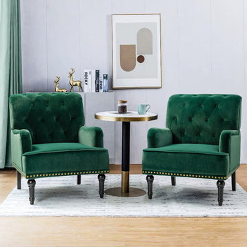 Upholstered Tufted Comfy Accent Armchair With Nailhead Trim Set of 2, Green