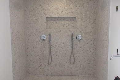 Inspiration for a mid-sized timeless master ceramic tile and beige floor bathroom remodel in Other with beige walls