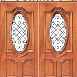 Prehung Mahogany Oval Lite Entry Double Door Elliptical Transom - Front Doors