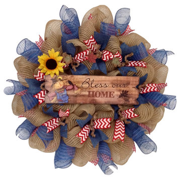 Bless Our Home Autumn Deco Mesh Wreath With Scarecrow And Sunflower