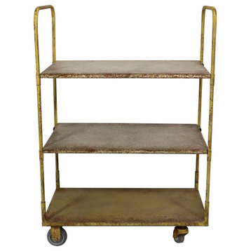Metal Vintage Reproduction 3-Tier Cart on Wheels, Distressed Gold