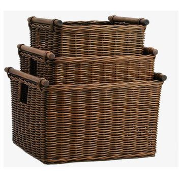 Deep Pole Handle Wicker Storage Basket, Antique Walnut Brown, Extra Large