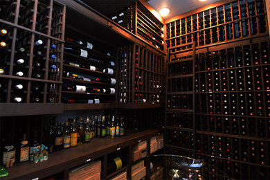 Inspiration for a mid-sized transitional wine cellar in Los Angeles with storage racks, dark hardwood floors and brown floor.