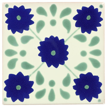 Tierra y Fuego Handmade Ceramic Tile, 4.25x4.25" Green Marguerite, Box of 45