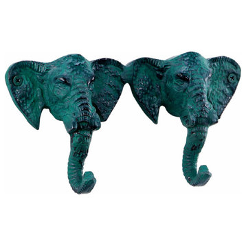 Double Elephant Wall Hook in Green Distressed Finish