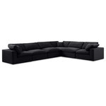 Meridian Furniture - Comfy Upholstered L-Shaped Modular Sectional, Black, 6-Piece: 3 Armless Chair, 3 Corner Chair, Velvet - Give your space a whole new look with this black Comfy velvet sectional. This handsome sectional fits nicely with other items in the Comfy collection and is a versatile seating option designed for adaptability, comfort and style. Wrapped in rich black durable velvet upholstery, this sectional offers a plush embrace of overstuffed down feather cushions, carefully crafted to deliver the highest level of comfort. The perfect seat for creating an oasis for relaxation, this sectional has thick foam surrounding its frame for added support and coziness.
