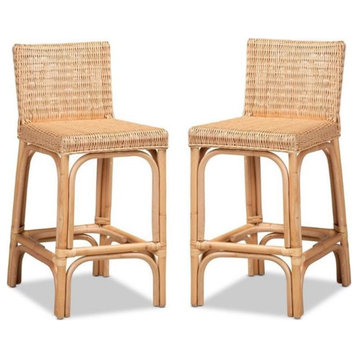 Home Square 2 Piece Rattan Counter Stool Set in Natural Brown
