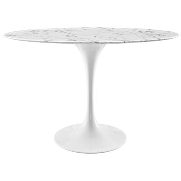 Modern Contemporary Urban Mid Century Oval Dining Table, White, Marble Faux