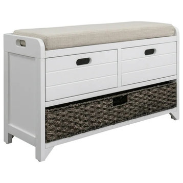 Rustic Storage Bench, Cushioned Seat With 2 Drawers & Lower Baskets, White