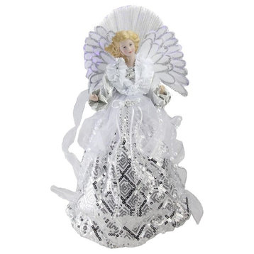 16" Battery-Operated Angel, White and Silver Sequined Gown Christmas Tree Topper