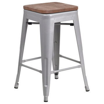 24" Counter Height Silver Metal Dining Stool With Wooden Seat