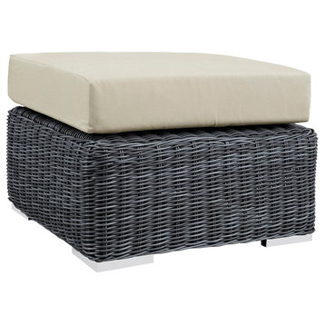 Modern Contemporary Outdoor Patio Ottoman, Beige, Fabric, Synthetic Rattan
