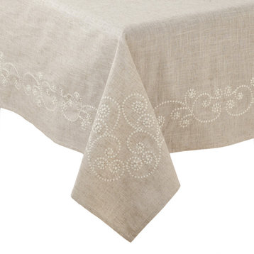 Embroidered Swirl  Natural Linen Blend Tablecloth, 67"x104"