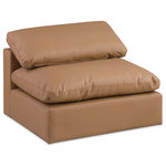 Meridian Furniture - Comfy Beige Linen Textured Fabric Modular Chair, Cognac, Vegan Leather, Armless Chair - Give your space a whole new look with this cognac Comfy vegan leather armless chair. This handsome chair fits nicely with other items in the Comfy collection and is a versatile seating option designed for adaptability, comfort and style. Wrapped in rich cognac durable vegan leathered upholstery, this chair offers a plush embrace of overstuffed down feather cushions, carefully crafted to deliver the highest level of comfort. The perfect seat for creating an oasis for relaxation, this chair has thick foam surrounding its frame for added support and coziness.