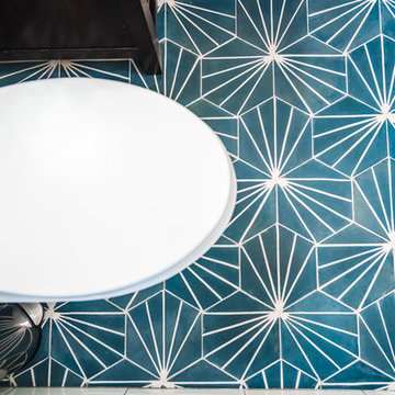 blue dandelion cement tile pattern in bathroom floor and wall