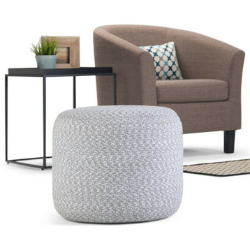 Simpli Home Bayley Boho Round Braided Pouf in Blue and Natural Cotton