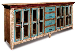 La Boca Rustic Distressed Solid Wood Sideboard, Curio Cabinet. Glass-Doors