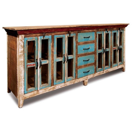 La Boca Rustic Distressed Solid Wood Sideboard, Curio Cabinet. Glass-Doors