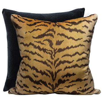 Tigre Silk/Indus Pillow, Ivory, Gold & Black, 22" X 22"