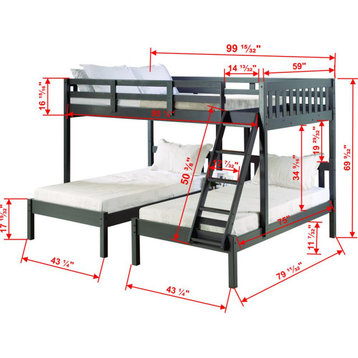 Full Over Double Twin Bed Loft Bunk In Dark Grey Finish