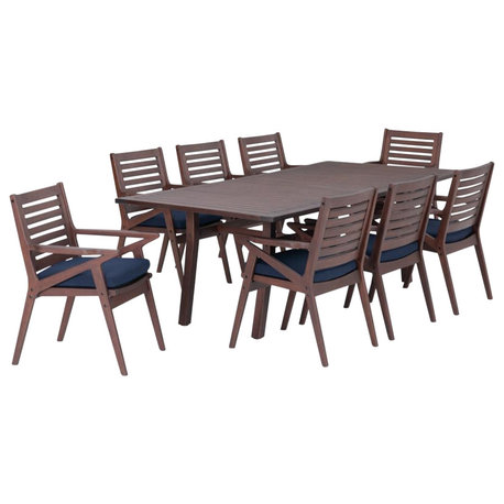 Vaughn 9 Piece Sunbrella Outdoor Patio Dining Set, Navy Blue