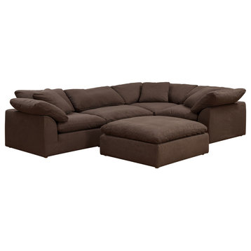 5PC Slipcovered L-Shaped Sectional Sofa with Ottoman | Brown