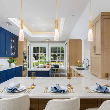Modern Coastal Kitchen in San Diego with Blue Cabinets and Light Wood Finishes