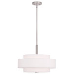 Livex Lighting - Meridian Pendant, Brushed Nickel - A triple drum shade adds character to this handsomely styled pendant light. Update your decor with the clean styling of this contemporary four light pendant from the Meridian collection. Features a lovely hand crafted off white fabric hardback shade and frosted diffuser for subtle illumination.