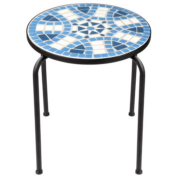 Ceramic Side Table Mosaic Patio Plant Stand, Blue