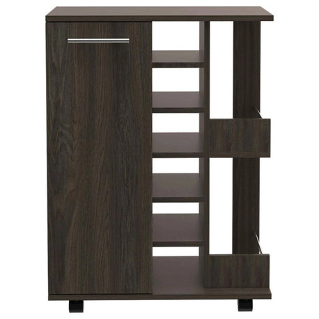 Bar Cart, 2 External Shelves, 6 Wine Cubbies, 1-Door Cabinet, Countertop