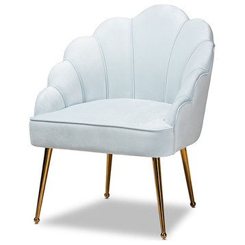 Cinzia Glam And Luxe Light Blue Velvet Fabric Gold Seashell Shaped Accent Chair