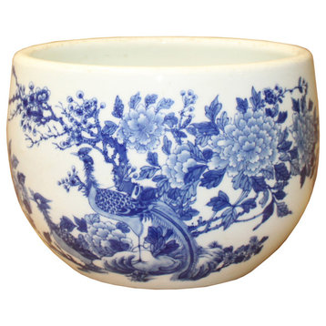 Chinese Blue White Oriental Flower Birds Scenery Porcelain Pot Hws886