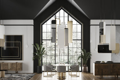 Стильный дизайн: столовая в стиле неоклассика (современная классика) с белыми стенами, паркетным полом среднего тона, коричневым полом и балками на потолке - последний тренд