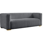 Meridian Furniture - Ravish Velvet Upholstered Chair, Gray, Sofa - Bring your living room decor into the moment with this Ravish velvet sofa. This beautiful sofa features all-over upholstery in a soft grey color that's easy to blend with other color elements in your space. The deep channel tufting that runs horizontally and vertically along the sofa's exterior adds to its lovely look, and it comes with both gold and chrome legs for a custom finish.