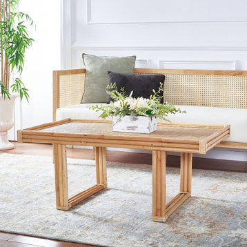 Coastal Coffee Table, Mango Wood Frame With Bamboo Look and Rattan Top, Natural