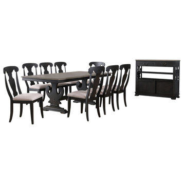 10 Piece Extendable Dining Set, Black/Brown Wood, Table, 8 Chairs, Server
