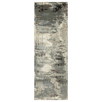 Hand Knotted Taupe Abstract Design Wool and Silk Wide Runner Rug, 4'0" x 12'0"