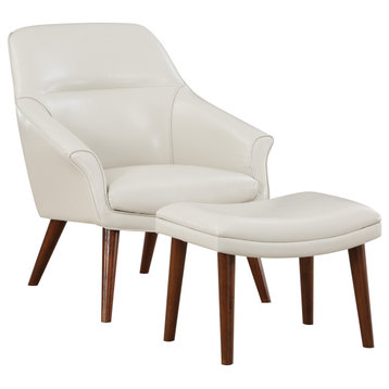 Waneta Chair and Ottoman, Cream Faux Leather With Medium Espresso Legs