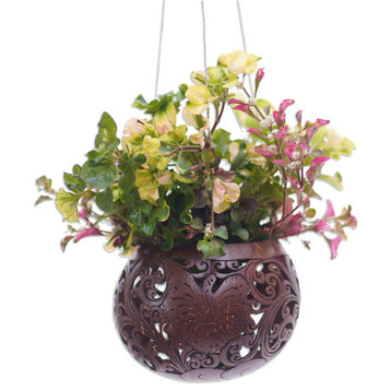 Novica Handmade Tropical House In Bloom Coconut Shell Hanging Planter