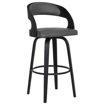Shelly 26" Counterstool, Black Brush Wood Finish & Gray Faux Leather, Barstool