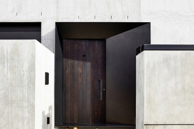 Exempel på en stor modern ingång och ytterdörr, med en pivotdörr och en svart dörr
