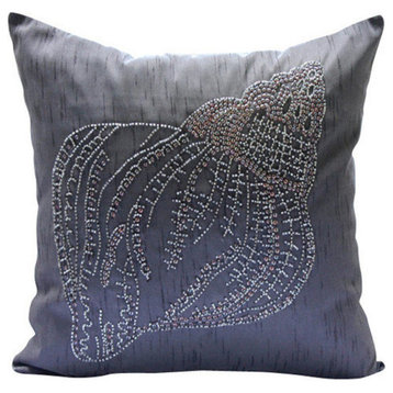 18"x18" Beaded Charcoal Grey Art Silk Throw Pillow Covers - Night Sea Shell