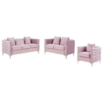 Bayberry Velvet Sofa Loveseat Chair Living Room Set, Pink