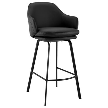 Brigden Faux Leather and Metal Swivel Bar Stool, Black & Black, Bar Height - 29